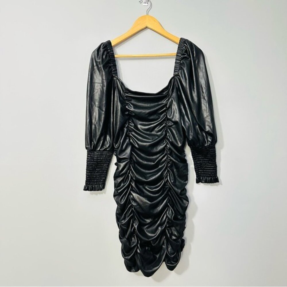 Topshop Faux Leather Ruched Mini Dress Black Puff Sleeve Y2K Baddie US 12 - Picture 3 of 12